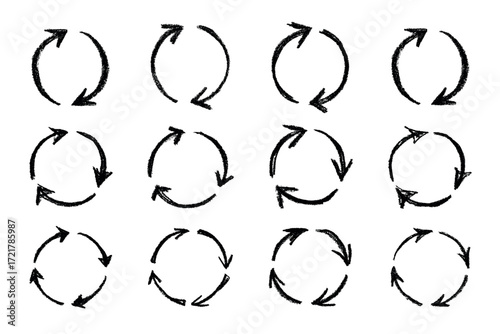 Set of hand drawn recycle arrow icon Recycling resources symbol Reuse of materials, zero waste, green environment, saving the planet