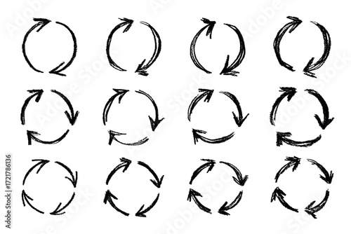 Set of hand drawn recycle arrow icon Recycling resources symbol Reuse of materials, zero waste, green environment, saving the planet