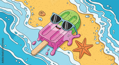 A melting popsicle wearing sunglasses on a sandy beach with waves and a starfish.