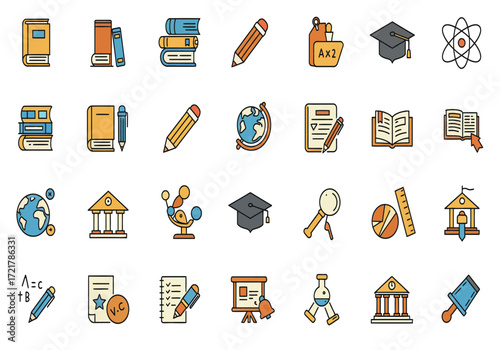 Collection of hand drawn doodle icons representing education learning knowledge science and school supplies on white background