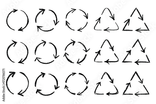 Set of hand drawn recycle arrow icon Recycling resources symbol Reuse of materials, zero waste, green environment, saving the planet