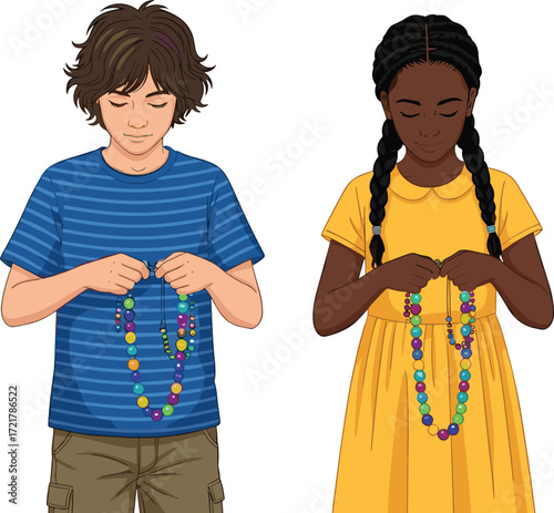 Children making bead necklaces, creative kids activity, boy and girl crafting jewelry, colorful beads, fun learning project, handmade art illustration, cartoon