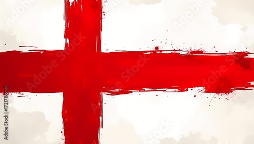 A gritty and abstract illustration of the England flag, St. George's Cross, with bold, distressed brushstrokes and dynamic paint splatters