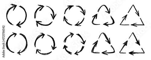 Set of hand drawn recycle arrow icon Recycling resources symbol Reuse of materials, zero waste, green environment, saving the planet