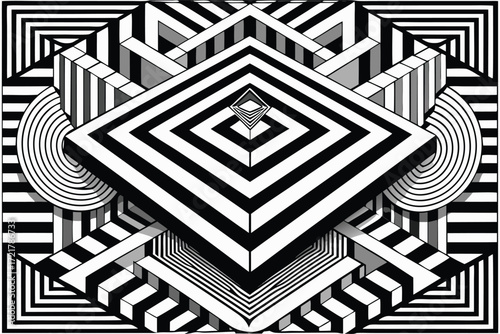 Dynamic black and white geometric patterns create an optical illusion effect with layered designs and shapes