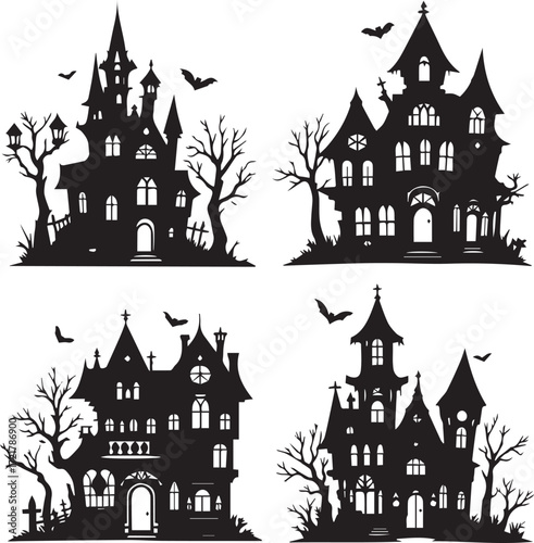 Set of 4 black haunted house silhouettes with gothic architecture, bats, leafless trees, and spooky Halloween atmosphere