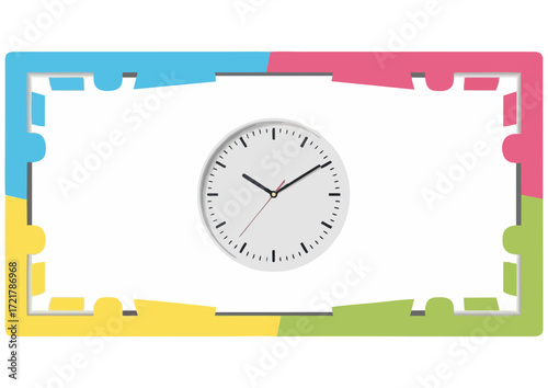 Stylized round clock with hands on a light background, vector illustration 