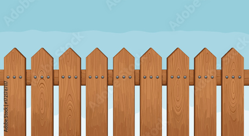 A simple wooden fence stands tall against a bright blue winter sky in this charming illustration.