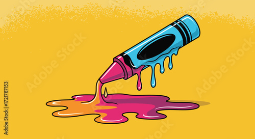 A melting crayon drips vibrant colors onto a bright yellow background.