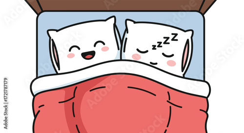 Two cute pillows snuggling warmly under a cozy red blanket while sleeping peacefully.