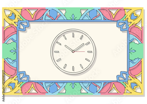 Stylized round clock with hands on a light background, vector illustration 
