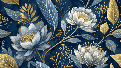 Seamless pattern of surreal metallic flowers and leaves, intricate details, watercolor style with chrome and gold accents, against a deep navy blue background.