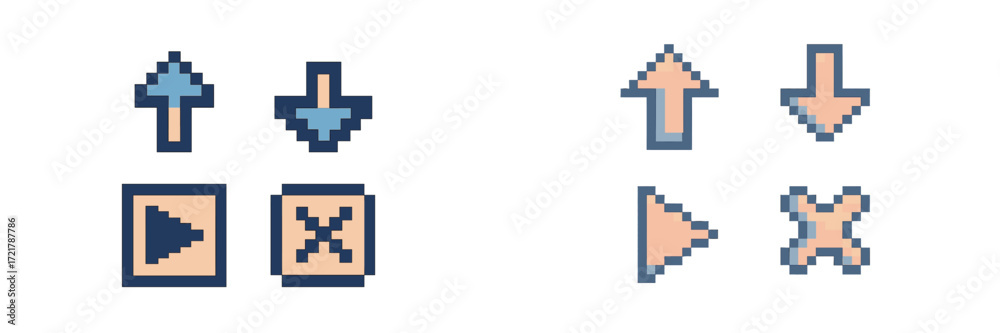 Obraz premium Pixel art icons representing navigation and control for user interface design in digital applications