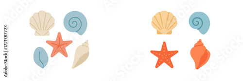 Colorful collection of seashells and starfish displayed together on a white background