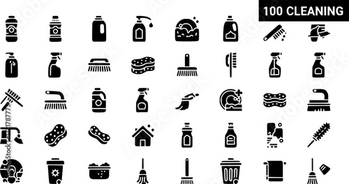 set of 100 glyph cleaning web icons. filled icons such as shampoo,sanitize,dishwashing detergent,cleaning tools,cleaning house,trash,broom,suspension. vector illustration