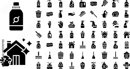 set of 100 glyph cleaning web icons. filled icons such as shampoo,sanitize,dishwashing detergent,cleaning tools,cleaning house,trash,broom,suspension. vector illustration