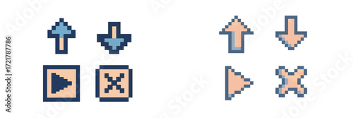 Pixel art icons representing navigation and control for user interface design in digital applications