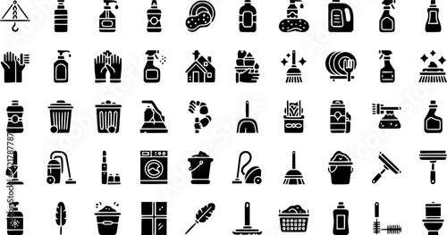 set of 100 glyph cleaning web icons. filled icons such as shampoo,sanitize,dishwashing detergent,cleaning tools,cleaning house,trash,broom,suspension. vector illustration
