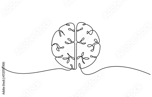 Continuous one line drawing of human brain vector illustration. Editable stroke