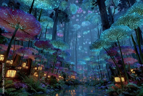 A serene glowing forest with glowing bioluminescent mushrooms illuminating a dreamlike woodland filled with neon colors. Surreal fantasy forest concept.