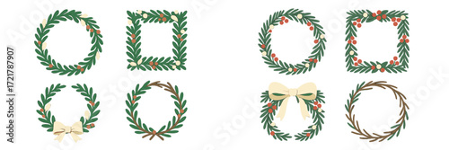 Decorative wreath designs featuring greenery and festive accents for holiday celebrations