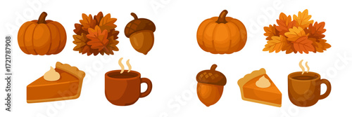 Fall harvest with pumpkins, acorns, leaves, and warm desserts in autumn colors