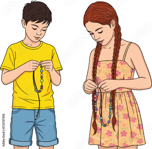 Children making colorful bead necklaces, creative kids activity, boy and girl crafting jewelry, handmade art, fun learning project, cartoon illustration