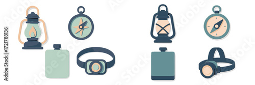 Collection of camping gear items including lanterns, compasses, and flasks arranged in a clean, modern style