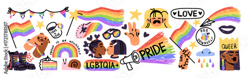 Pride month stickers set. LGBT icons. LGBTQ signs. Rainbow flags of lesbian, gay, bisexual, transgender. Drawings of LGBTQIA community. Hand drawn isolated vector illustrations on white background.