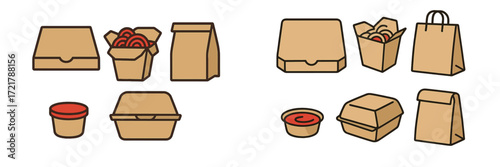 Various types of takeout food containers and packaging designed for takeaway meals and snacks