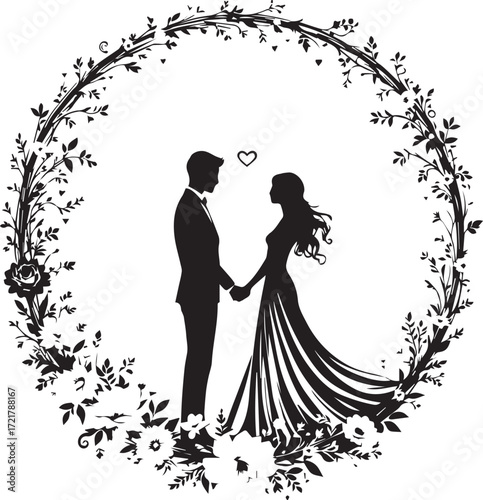 Black and white silhouette of romantic couple holding hands inside floral wreath with heart, symbolizing love and wedding theme