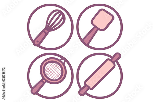 Kitchen utensils including whisk, spatula, strainer, and rolling pin displayed on a simple background for cooking enthusiasts