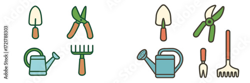 Gardening tools including watering cans, trowels, pruners, and rakes for outdoor gardening activities and home landscaping