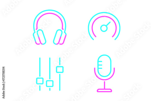 Colorful audio equipment icons depicting headphones, microphone, sound meter, and audio mixer settings for music and podcast production