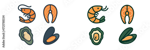 Different types of seafood illustrated in a colorful and artistic style for educational purposes