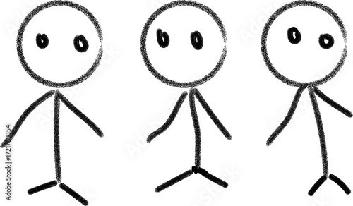 Three simple hand drawn stick figures standing together side by side expressing emotionless simplicity