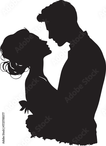 Black and white silhouette of romantic couple facing each other closely, with elegant dress and suit, symbolizing love and intimacy