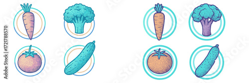 Colorful illustrations of vegetables including carrots, broccoli, cucumbers, and tomatoes in circular designs