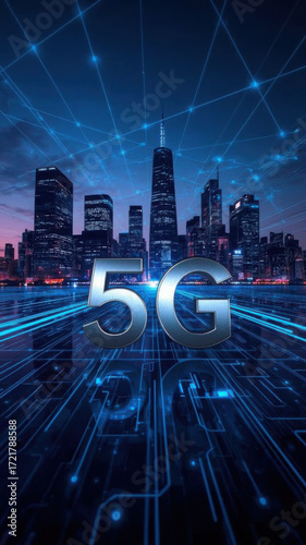 5g network connecting futuristic cityscape with digital lines