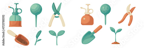 Collection of gardening tools and equipment in vibrant colors for plant care and maintenance tasks