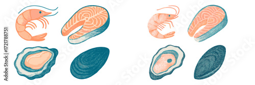 Colorful illustration of various seafood including shrimp, salmon, oysters, and clams on a white background