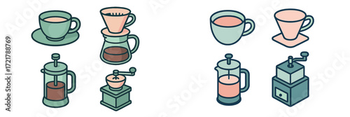 Coffee brewing methods display with various tools and cups in a minimalistic style for coffee lovers and enthusiasts