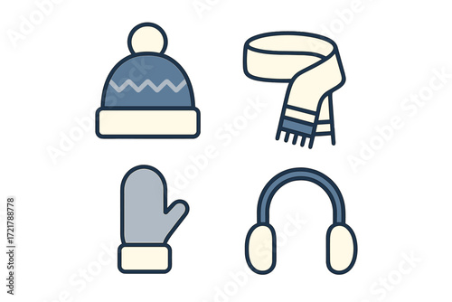 Warm winter accessories including hat, gloves, scarf, and earmuffs on a white background