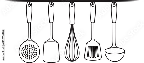 Illustration of set of five kitchen utensils hanging isolated on white background