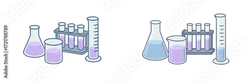 Laboratory equipment showing various glassware, including beakers and test tubes, filled with colorful liquids and placed on a clean surface
