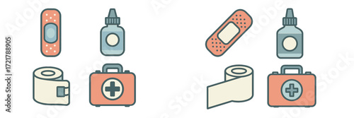 Essentials for a first aid kit with bandages, ointments, and medical supplies displayed on a plain background