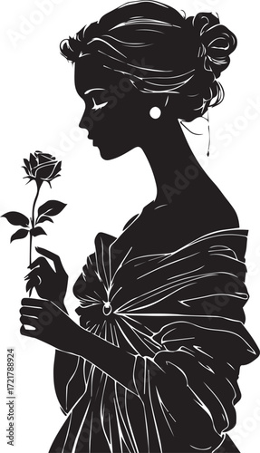 Black and white silhouette of elegant woman in gown holding rose, with styled hair, jewelry, and classic romantic details