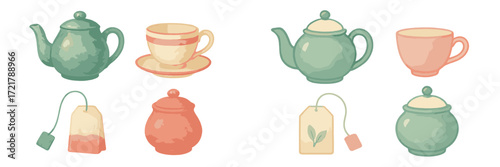 Colorful teapots, cups, and accessories arranged in a charming still life design with a playful touch