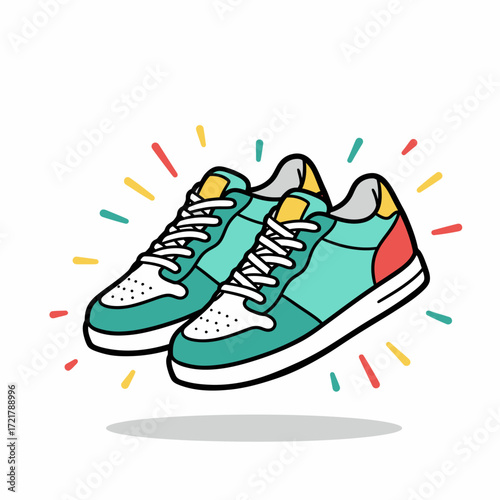 A pair of trendy and colorful retro-style sneakers with dynamic radiating lines on a white background.