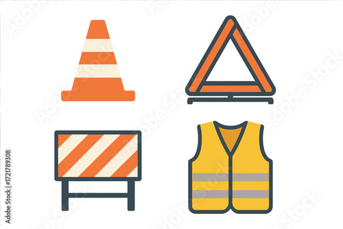 Construction safety equipment including cones, signs, barriers, and vests displayed in a workspace environment